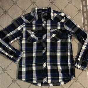 RERUN Men's Blue and Black Plaid Western Style Button Up Shirt